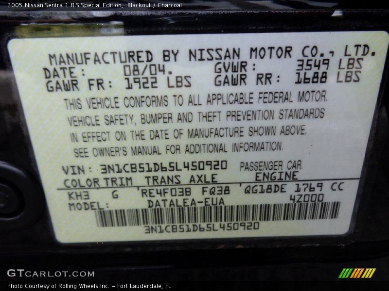 Blackout / Charcoal 2005 Nissan Sentra 1.8 S Special Edition