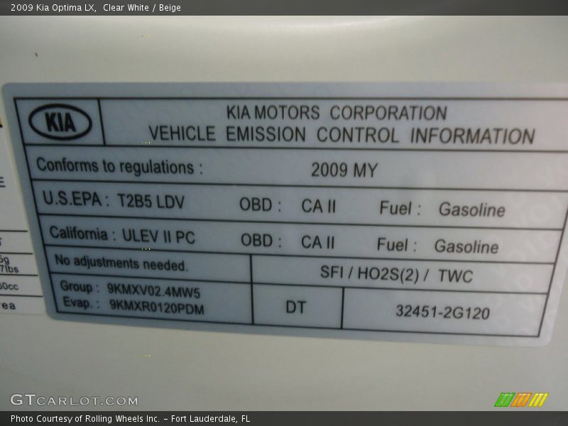 Info Tag of 2009 Optima LX