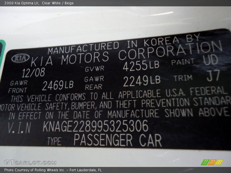 2009 Optima LX Clear White Color Code UD