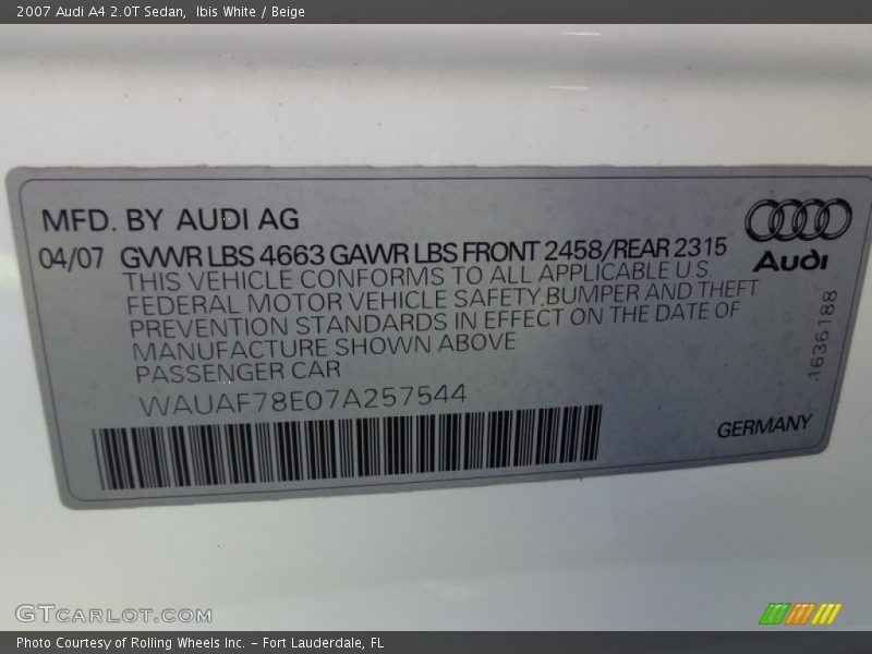 Info Tag of 2007 A4 2.0T Sedan