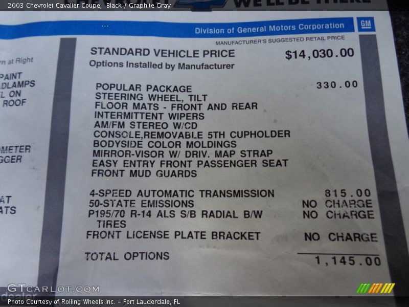 Black / Graphite Gray 2003 Chevrolet Cavalier Coupe