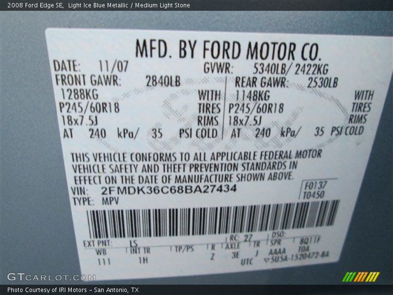 Light Ice Blue Metallic / Medium Light Stone 2008 Ford Edge SE