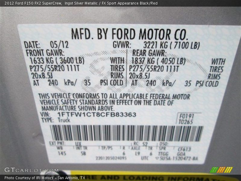 Ingot Silver Metallic / FX Sport Appearance Black/Red 2012 Ford F150 FX2 SuperCrew