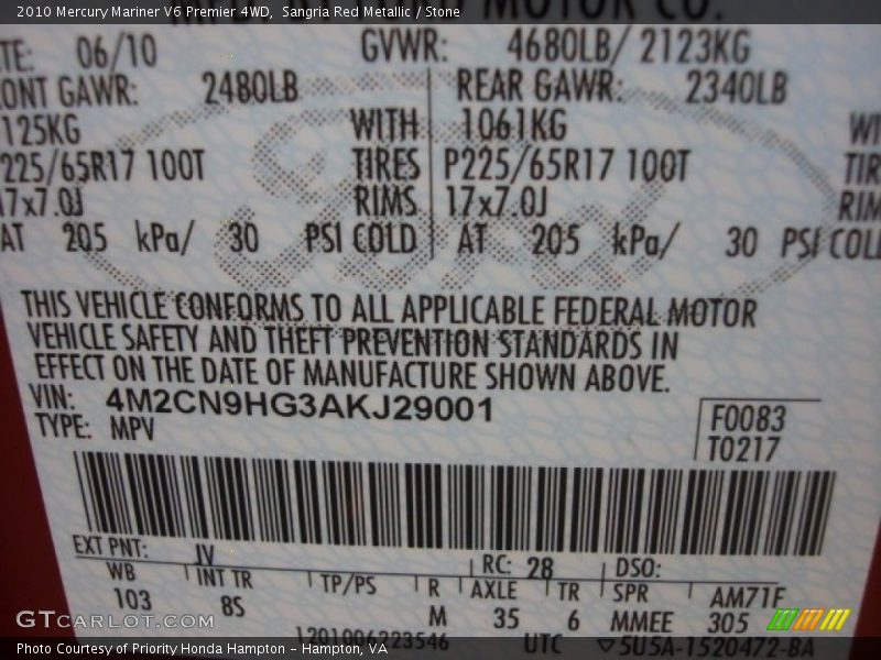 Sangria Red Metallic / Stone 2010 Mercury Mariner V6 Premier 4WD