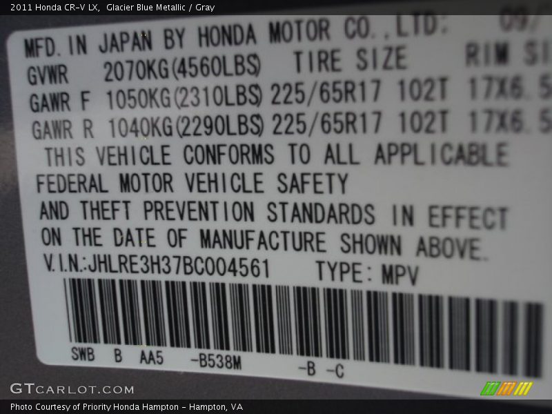2011 CR-V LX Glacier Blue Metallic Color Code B538M