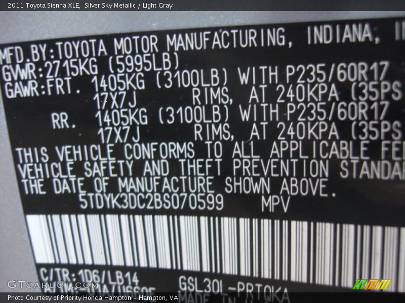 Silver Sky Metallic / Light Gray 2011 Toyota Sienna XLE