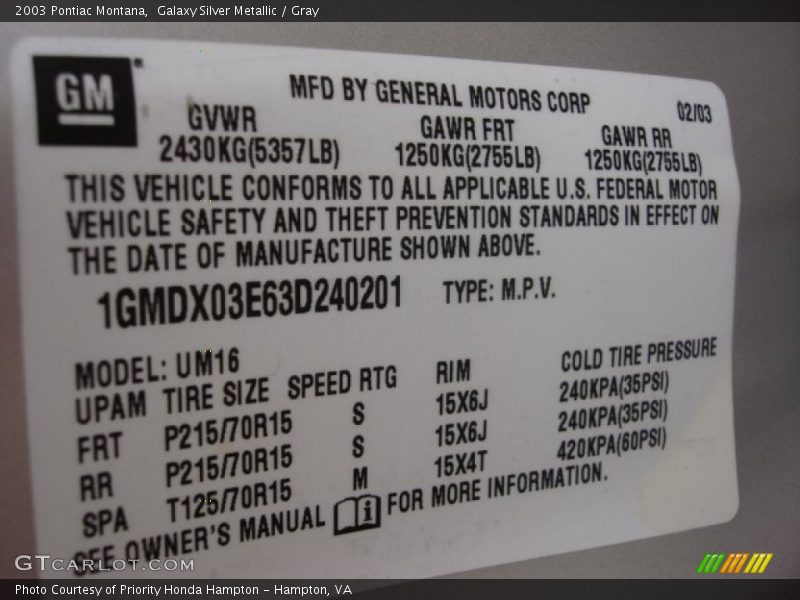 Galaxy Silver Metallic / Gray 2003 Pontiac Montana