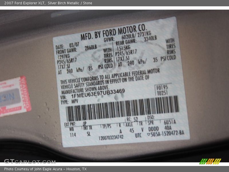Silver Birch Metallic / Stone 2007 Ford Explorer XLT