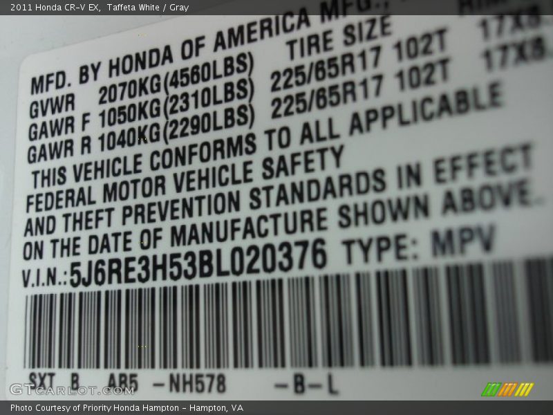 Taffeta White / Gray 2011 Honda CR-V EX