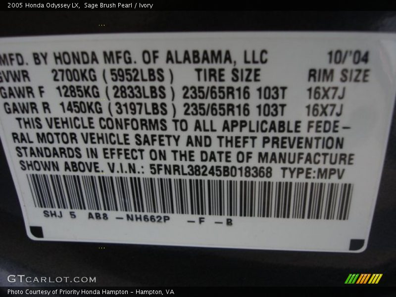Sage Brush Pearl / Ivory 2005 Honda Odyssey LX