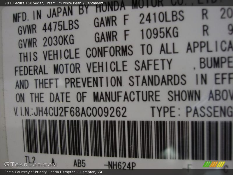 Premium White Pearl / Parchment 2010 Acura TSX Sedan