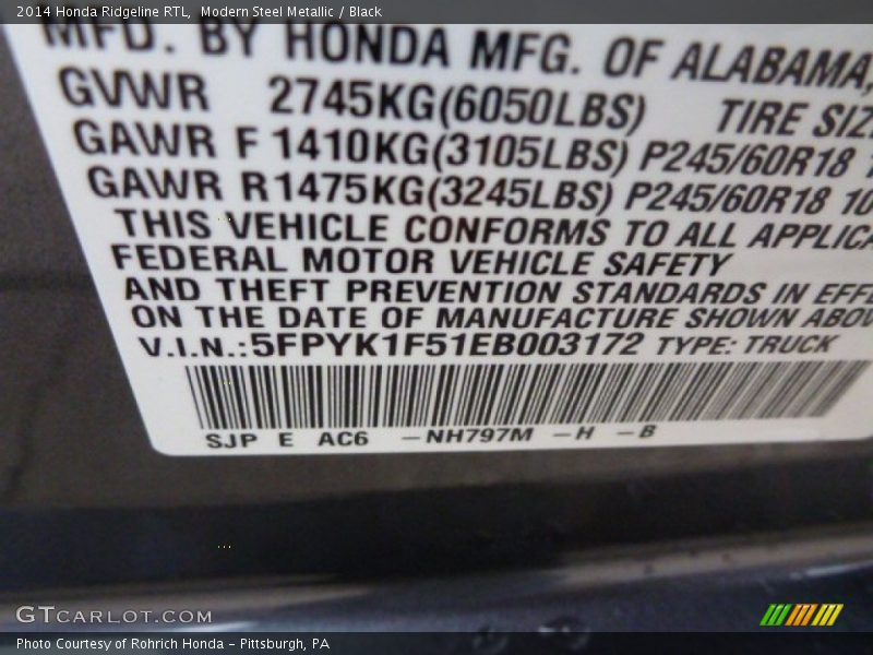Modern Steel Metallic / Black 2014 Honda Ridgeline RTL