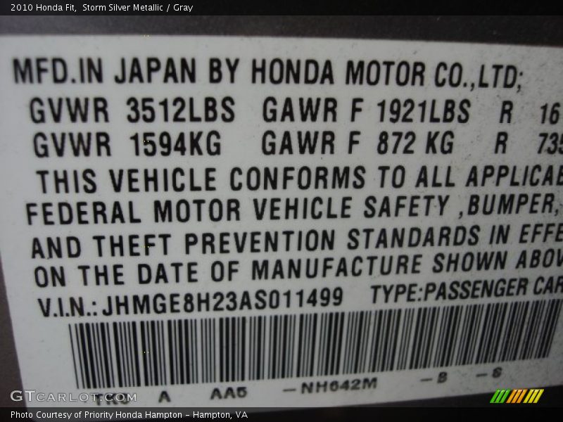 Storm Silver Metallic / Gray 2010 Honda Fit