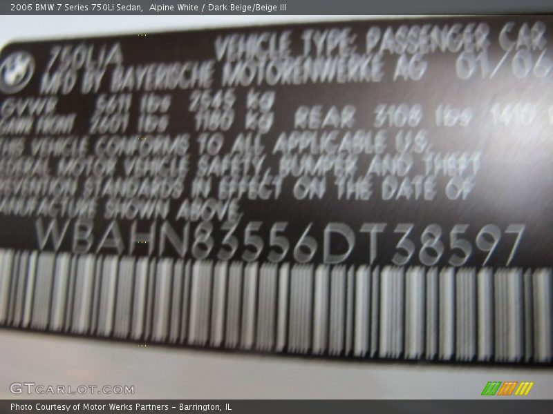 Alpine White / Dark Beige/Beige III 2006 BMW 7 Series 750Li Sedan