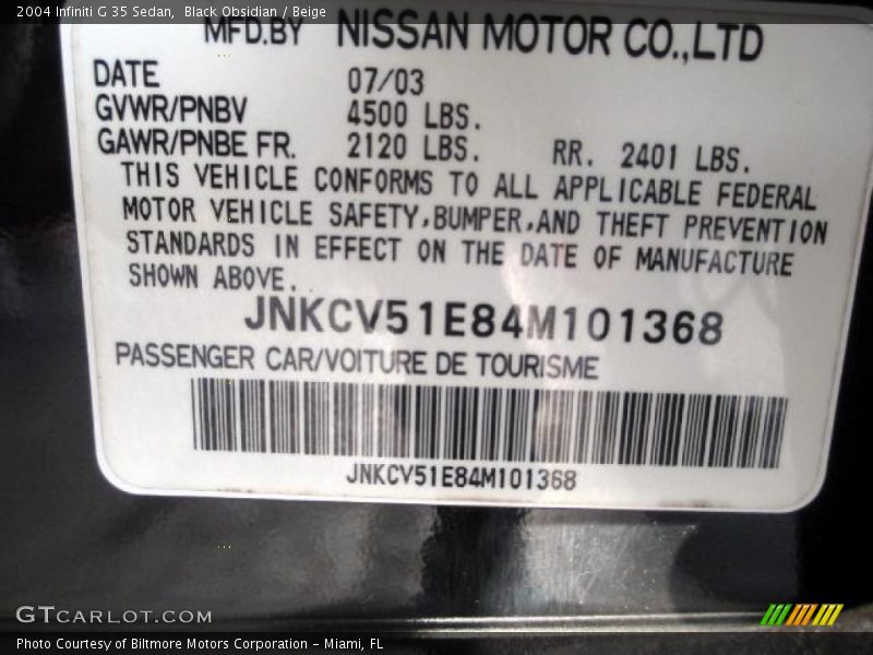 Black Obsidian / Beige 2004 Infiniti G 35 Sedan