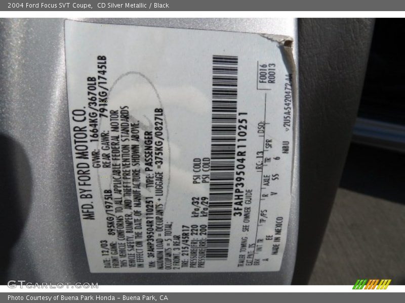 2004 Focus SVT Coupe CD Silver Metallic Color Code TS