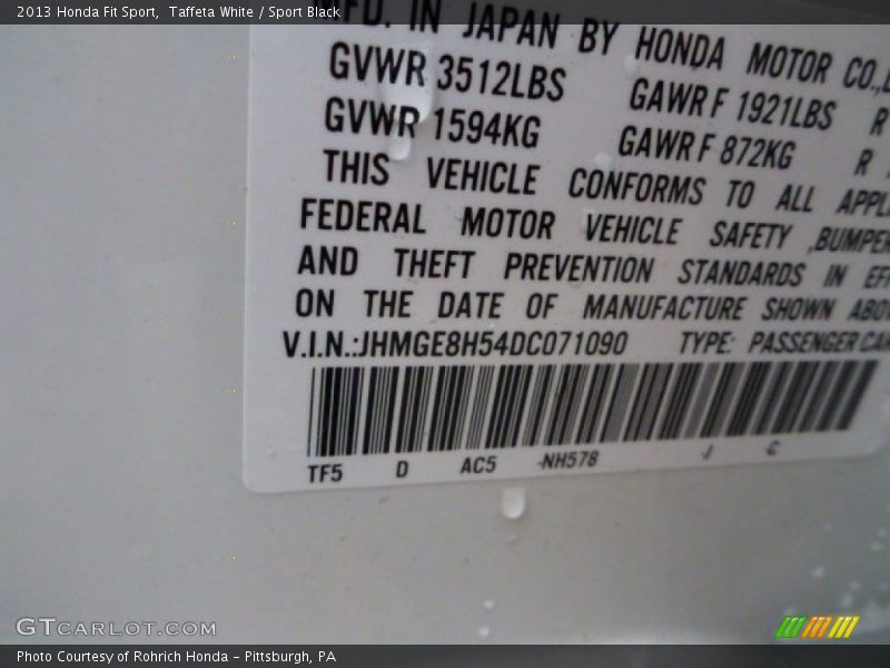 Taffeta White / Sport Black 2013 Honda Fit Sport