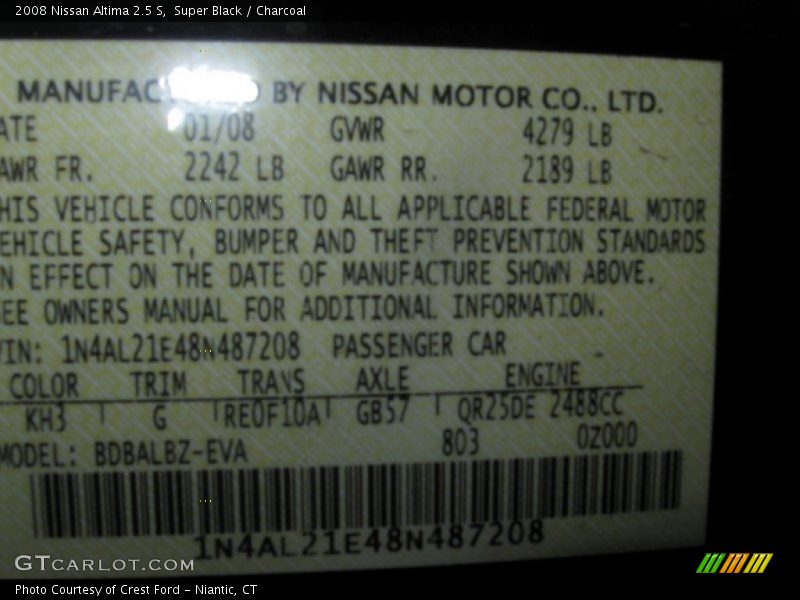 Super Black / Charcoal 2008 Nissan Altima 2.5 S
