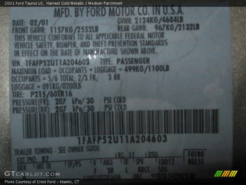 Harvest Gold Metallic / Medium Parchment 2001 Ford Taurus LX