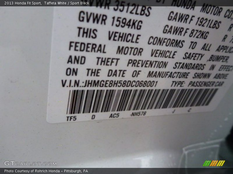 Taffeta White / Sport Black 2013 Honda Fit Sport