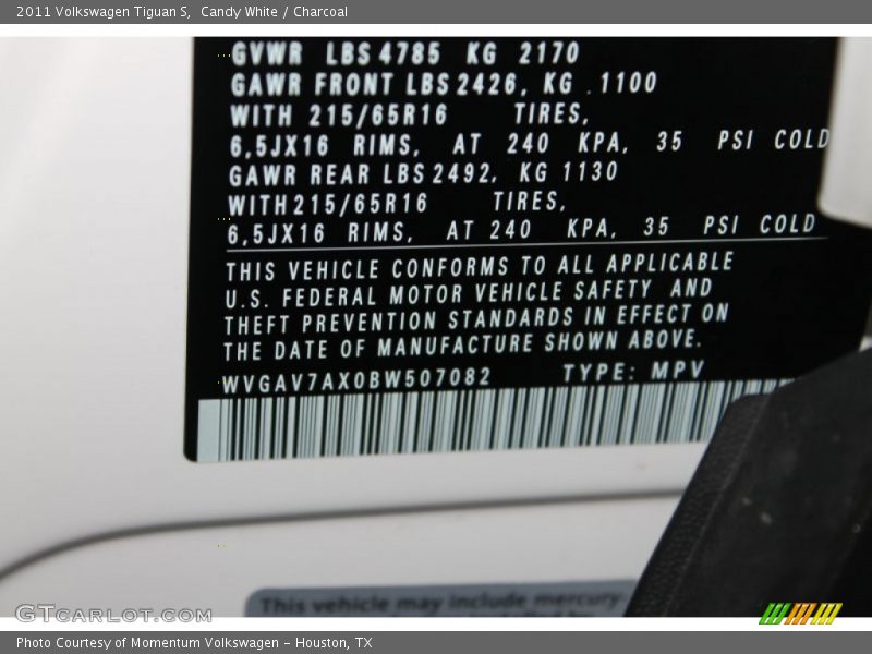 Candy White / Charcoal 2011 Volkswagen Tiguan S