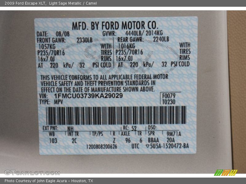 Light Sage Metallic / Camel 2009 Ford Escape XLT