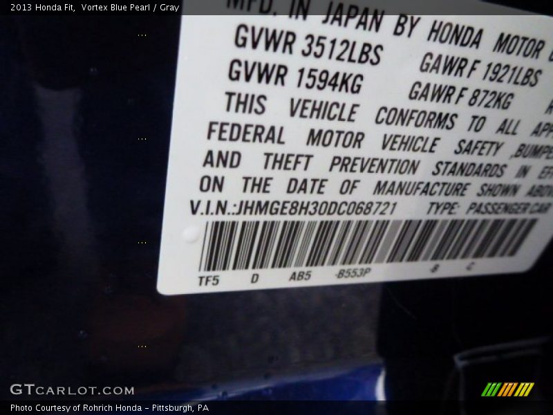 Vortex Blue Pearl / Gray 2013 Honda Fit