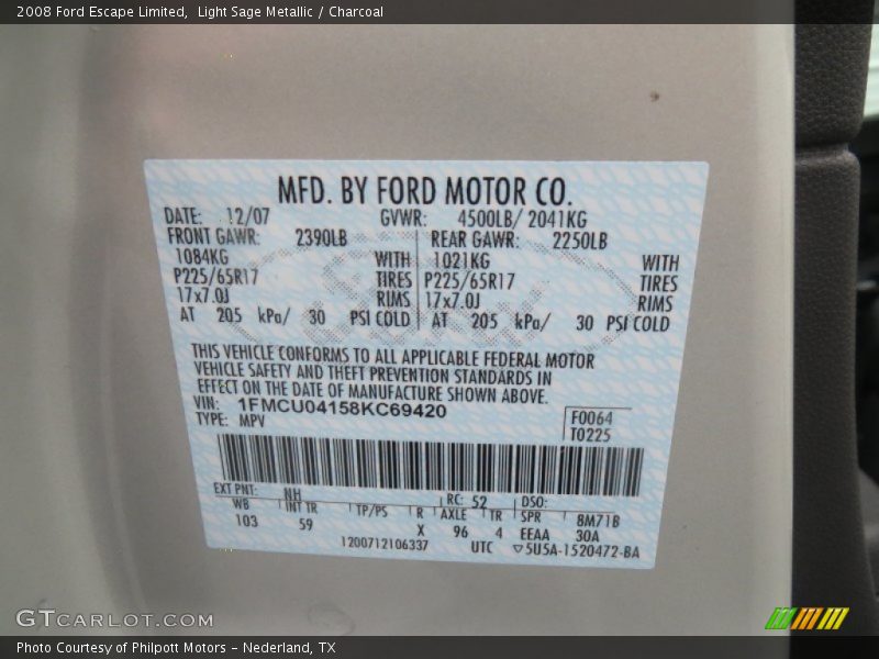 Light Sage Metallic / Charcoal 2008 Ford Escape Limited