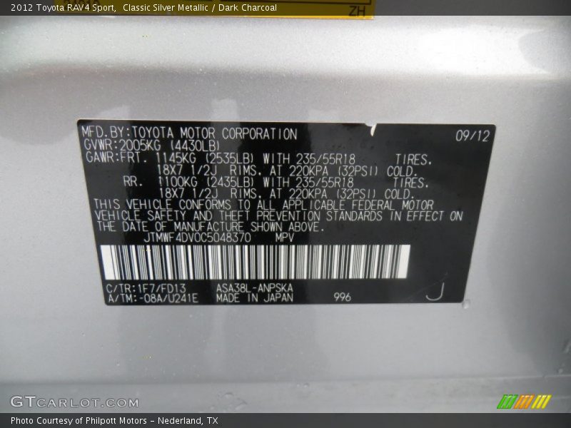 Classic Silver Metallic / Dark Charcoal 2012 Toyota RAV4 Sport