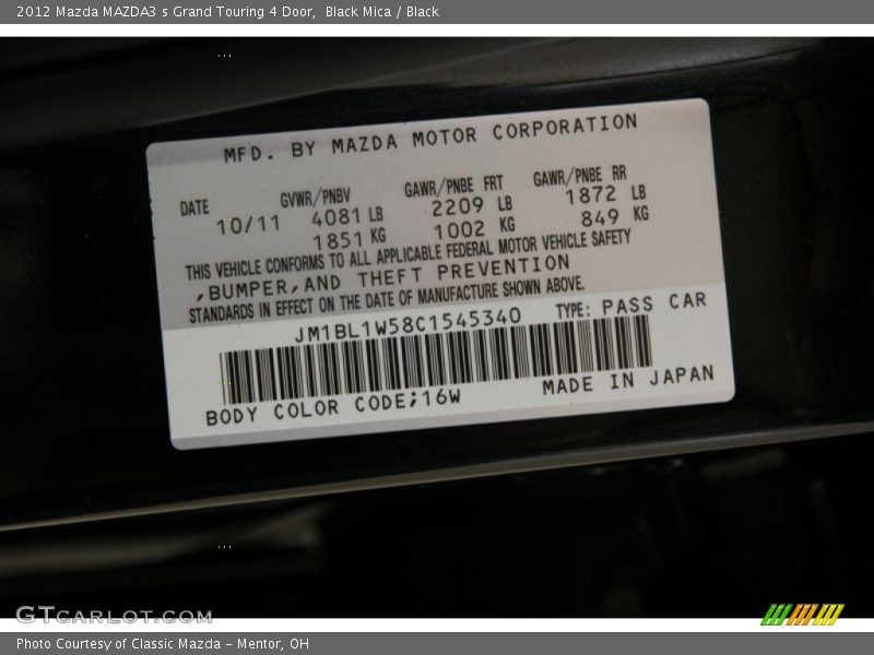 2012 MAZDA3 s Grand Touring 4 Door Black Mica Color Code 16W