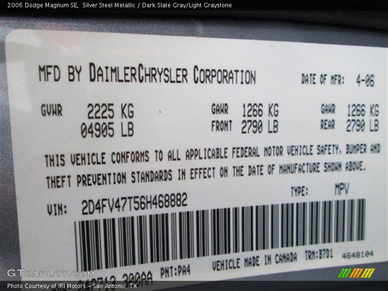 Silver Steel Metallic / Dark Slate Gray/Light Graystone 2006 Dodge Magnum SE