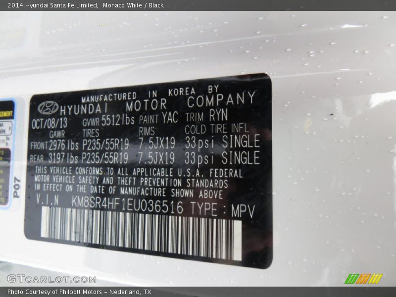 2014 Santa Fe Limited Monaco White Color Code YAC
