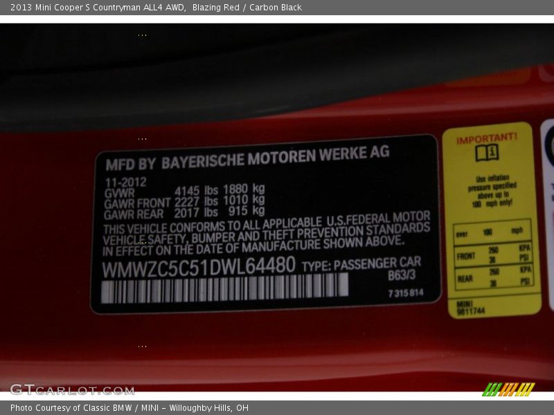 Blazing Red / Carbon Black 2013 Mini Cooper S Countryman ALL4 AWD