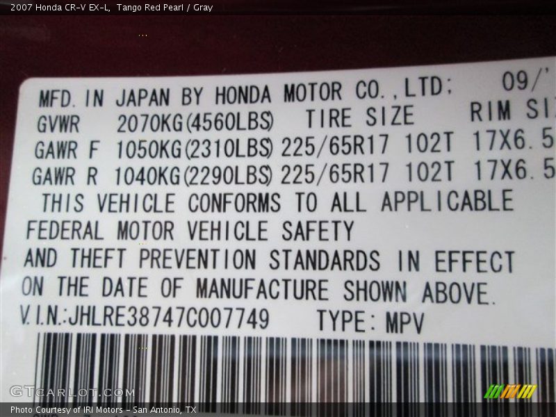 Tango Red Pearl / Gray 2007 Honda CR-V EX-L