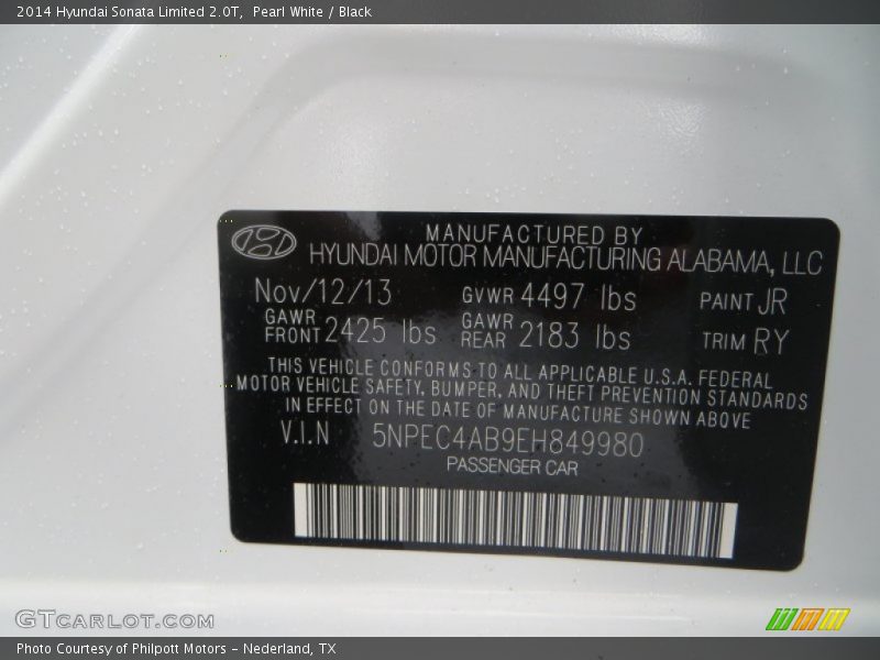 Pearl White / Black 2014 Hyundai Sonata Limited 2.0T