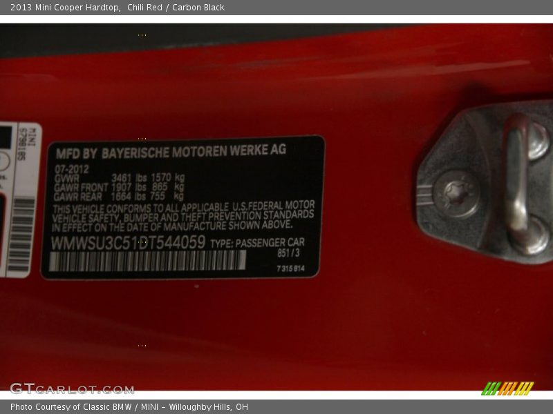 Chili Red / Carbon Black 2013 Mini Cooper Hardtop