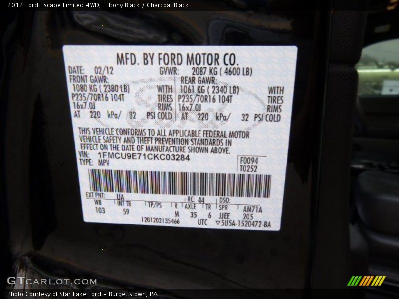 Ebony Black / Charcoal Black 2012 Ford Escape Limited 4WD