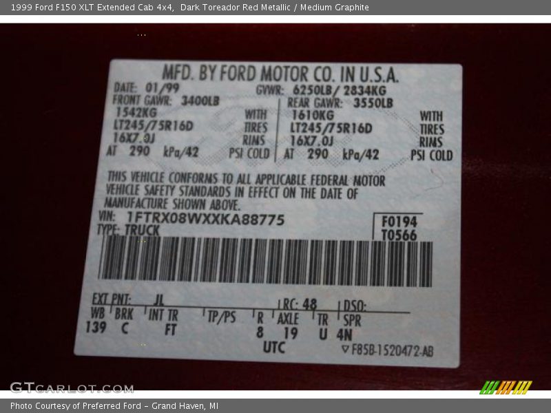 1999 F150 XLT Extended Cab 4x4 Dark Toreador Red Metallic Color Code JL