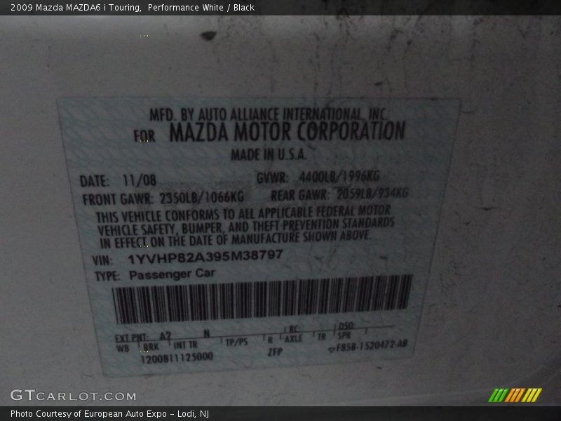 Performance White / Black 2009 Mazda MAZDA6 i Touring