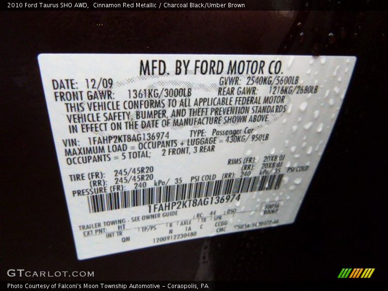 Cinnamon Red Metallic / Charcoal Black/Umber Brown 2010 Ford Taurus SHO AWD