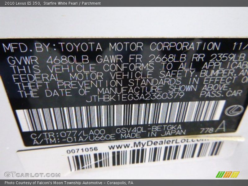 Starfire White Pearl / Parchment 2010 Lexus ES 350