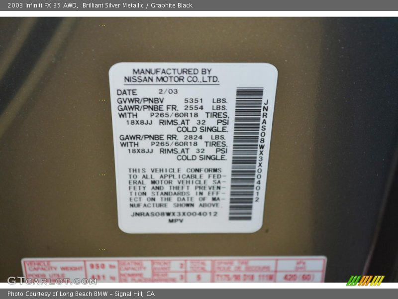 Brilliant Silver Metallic / Graphite Black 2003 Infiniti FX 35 AWD