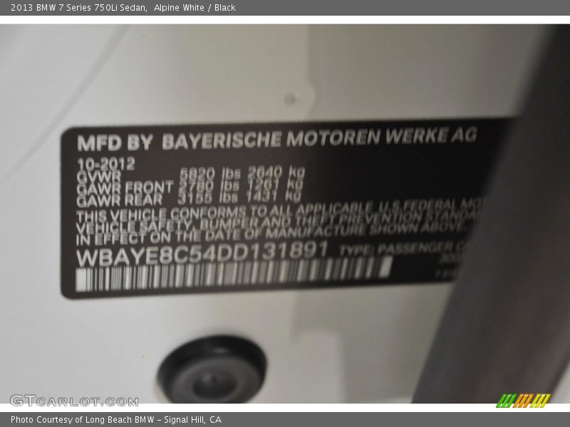 Alpine White / Black 2013 BMW 7 Series 750Li Sedan