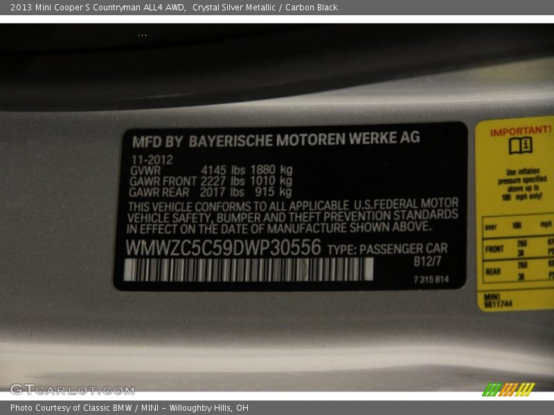 Crystal Silver Metallic / Carbon Black 2013 Mini Cooper S Countryman ALL4 AWD