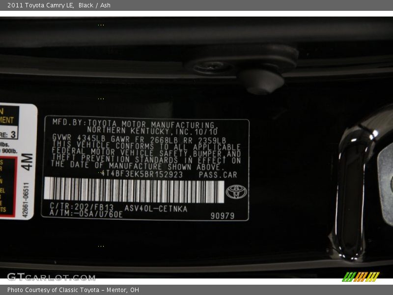 Black / Ash 2011 Toyota Camry LE