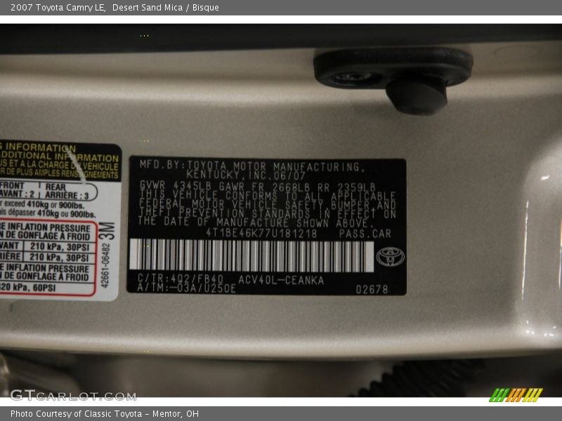 Desert Sand Mica / Bisque 2007 Toyota Camry LE