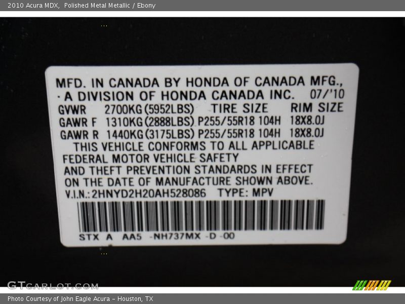 Polished Metal Metallic / Ebony 2010 Acura MDX