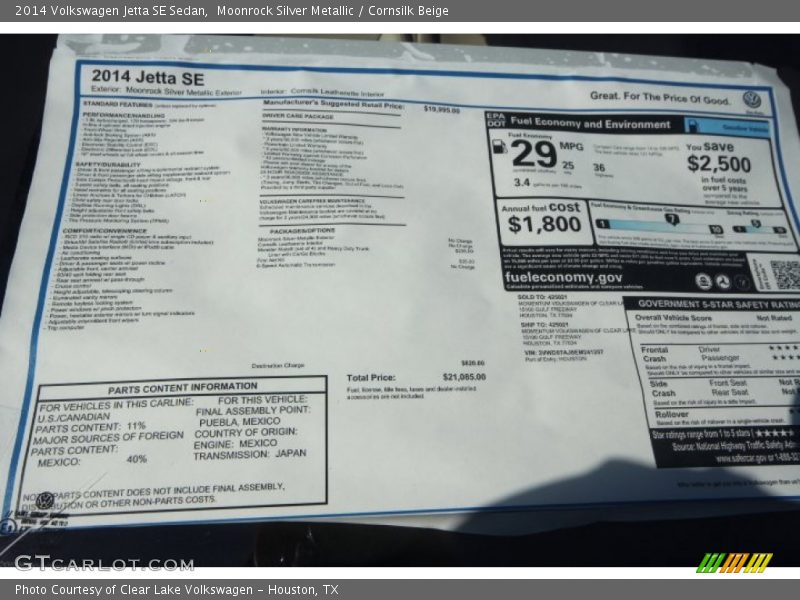 Moonrock Silver Metallic / Cornsilk Beige 2014 Volkswagen Jetta SE Sedan