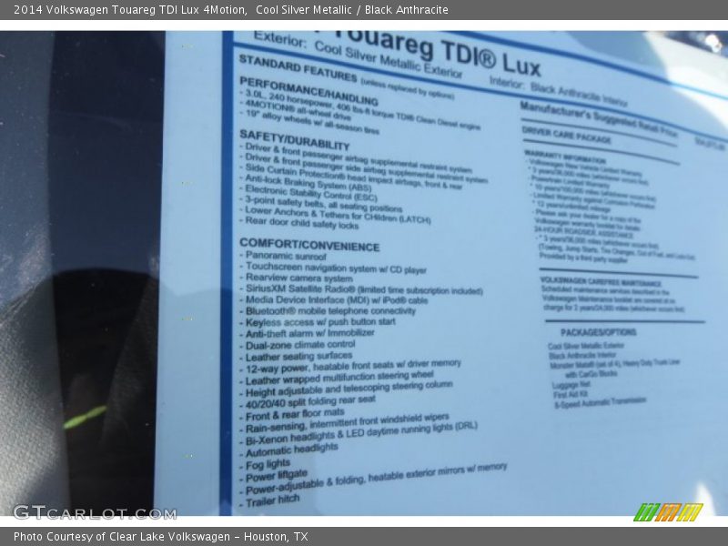 Cool Silver Metallic / Black Anthracite 2014 Volkswagen Touareg TDI Lux 4Motion