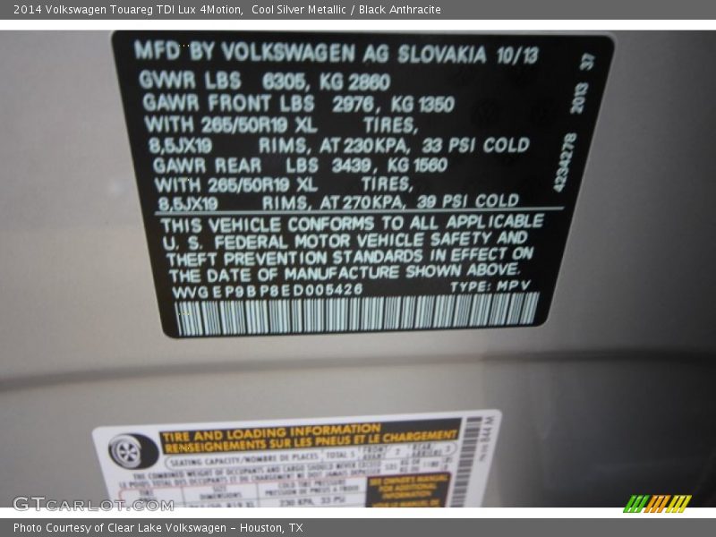 Cool Silver Metallic / Black Anthracite 2014 Volkswagen Touareg TDI Lux 4Motion